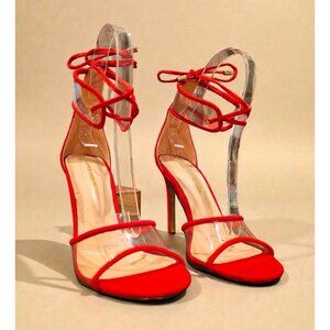 Red Strappy High Heel Sandals With Clear PVC & Ankle Tie Detail Elegant Evening